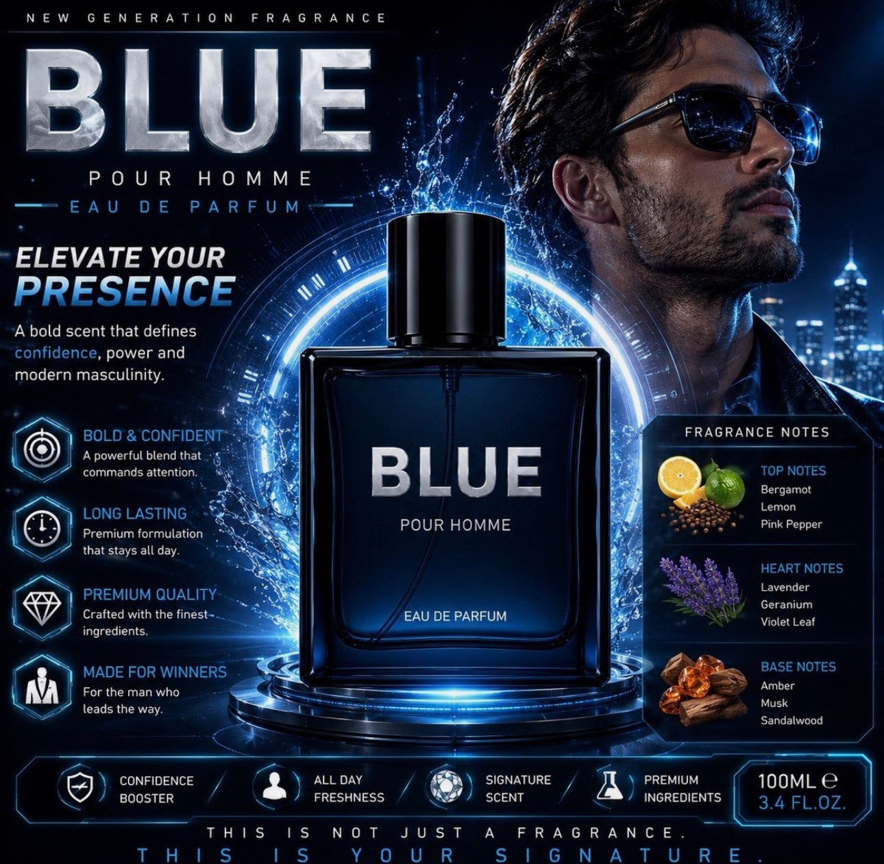 Blue Pour Homme Eau de Parfum 100ml Men's Cologne Long Lasting Fragrance Spray