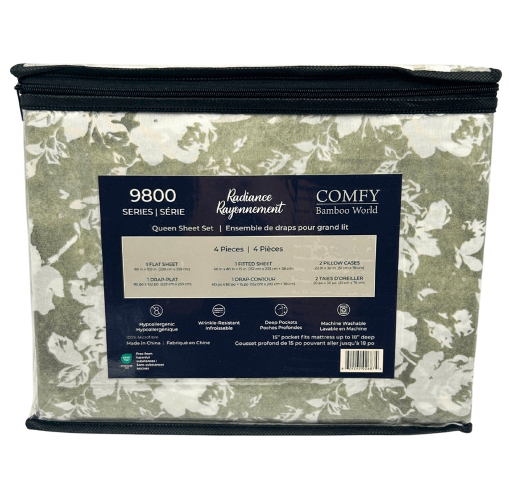 COMFY BAMBOO WORLD QUEEN SHEET SET 4PCS - SAGE GREEN FLORAL